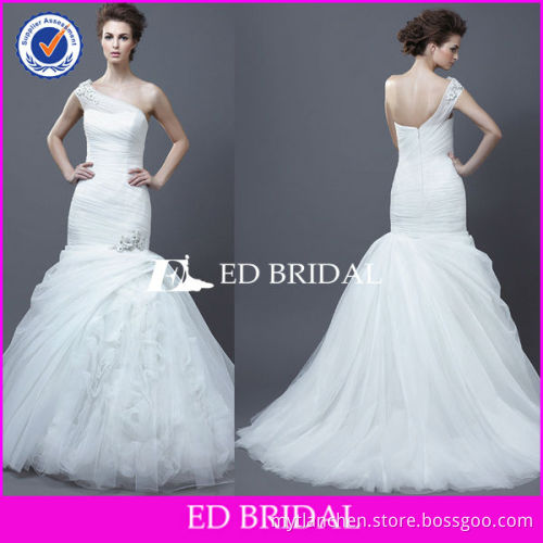 mgs016 new style one-shoulder ruffled tulle floral mermaid wedding dress 2013